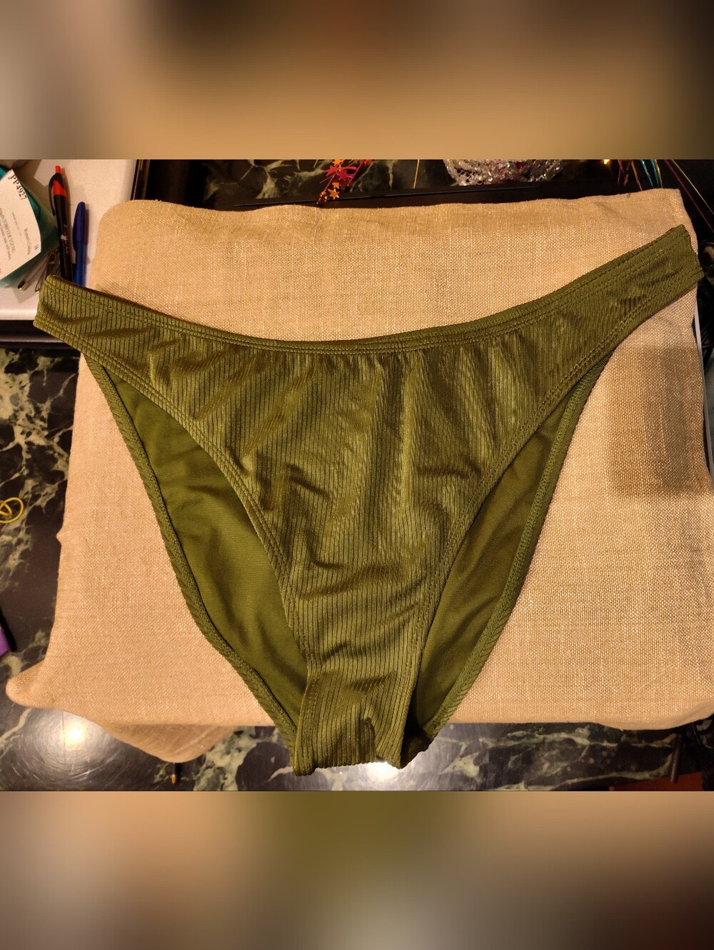 No Boundaries Olive Ribbed High-Cut Bikini Bottom